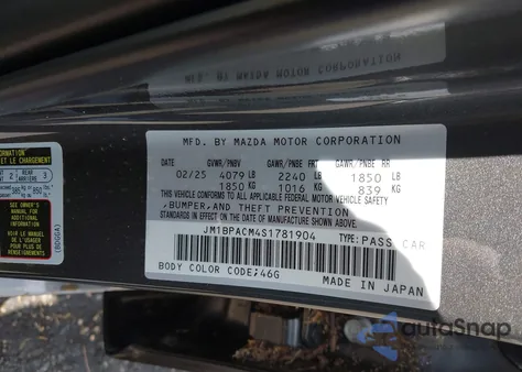 2025 Mazda Mazda3 2.5 S Preferred from USA, damaged, VIN JM1BPACM4S1781904